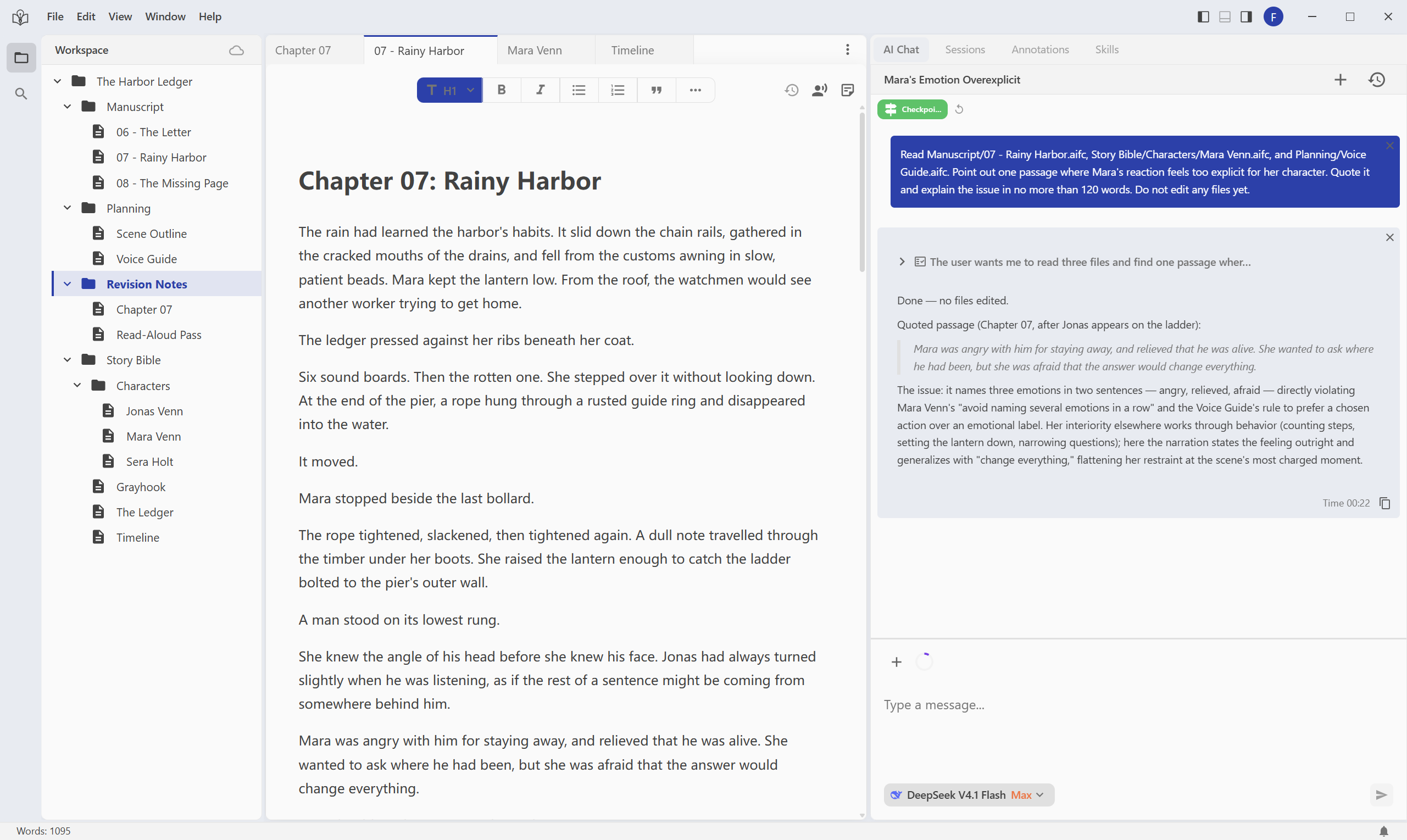 The example workspace with chapters, story notes, and an open draft